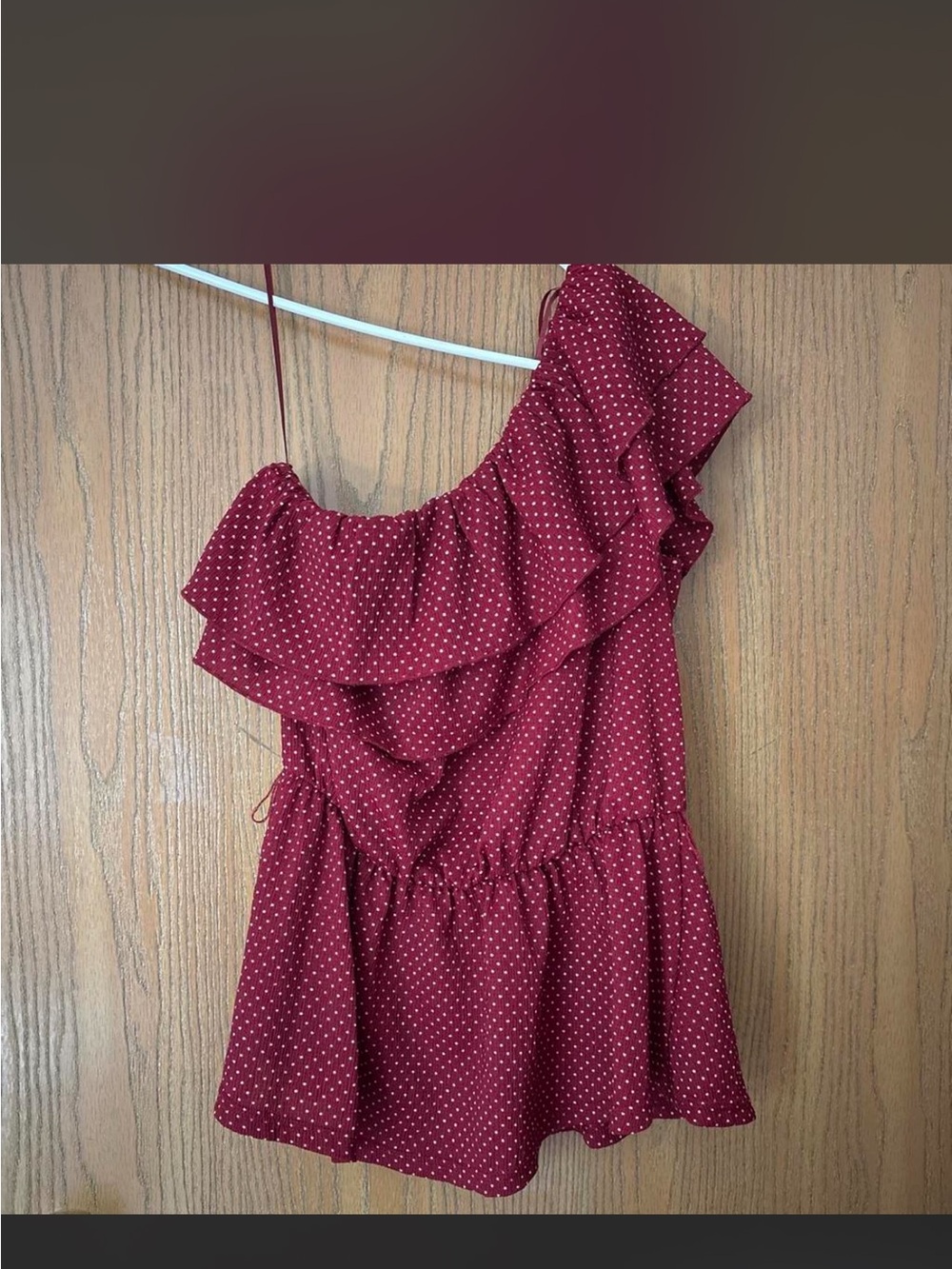 Anthropologie Maroon Polka Dot One-Shoulder Top
